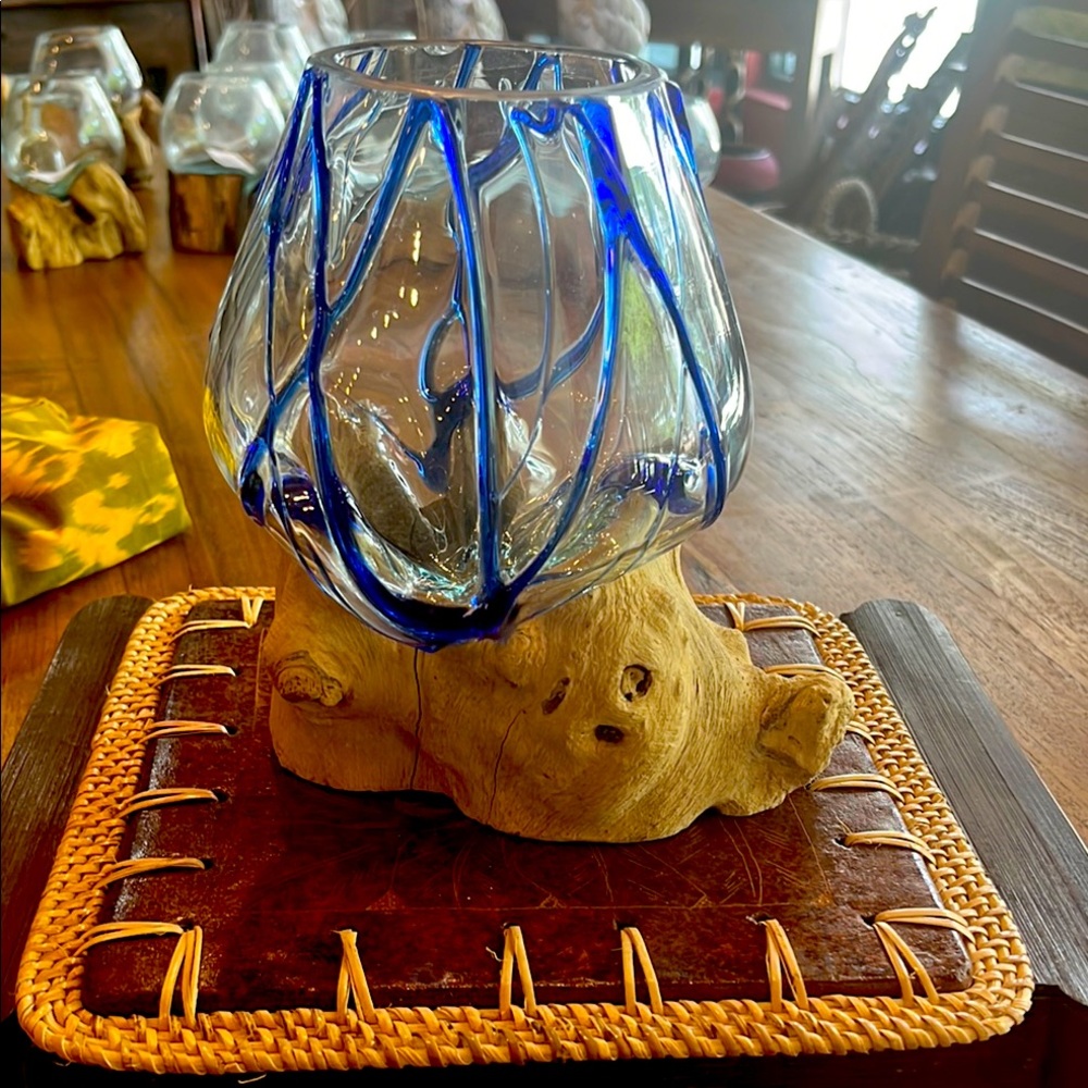 Artisan Blue Glass Vase with Wooden Base